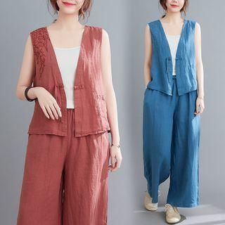 Set: Frog-button Vest + Wide-leg Pants