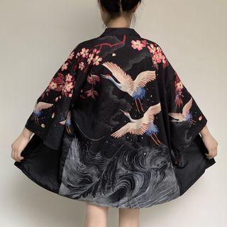 3/4-sleeve Crane Print Jacket