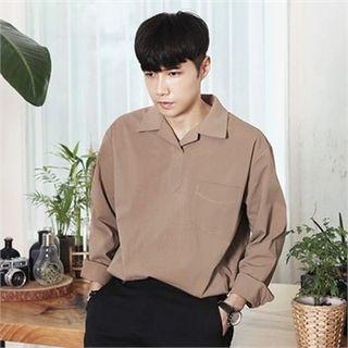 Collared Long-sleeve Pocket-front Top