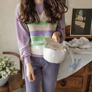 V-neck Color-block Knit Vest Beige - One Size