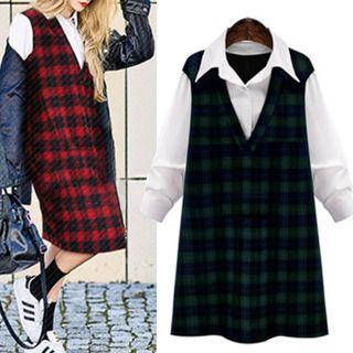 Check Mock Two-piece Long-sleeve Dress
