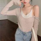 Cold-shoulder Mock Two-piece Knit Top Beige Almond - One Size