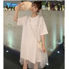 Mock Two-piece Elbow-sleeve Glitter Mesh Paneled Dress White - One Size