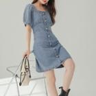 Short-sleeve Button-up Denim A-line Dress