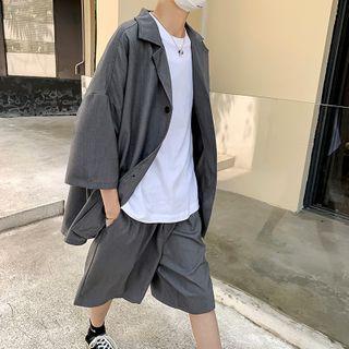 Set: Plain Elbow-sleeve Shirt + Straight-cut Shorts