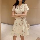 Short-sleeve Tie-waist Cherry Print A-line Chiffon Dress