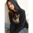 Beaded Flower-patched Printed Hoodie Navy Blue - One Size