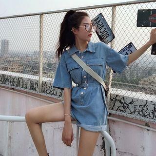 High-waist Denim Playsuit