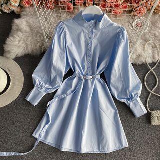 Stand Collar Puff-sleeve Dress With Belt