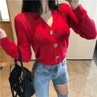 Single-breasted V-neck Long-sleeve Knit Jacket Red - One Size