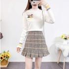 Letter Embroidered Sweater / Plaid Mini A-line Skirt / Set