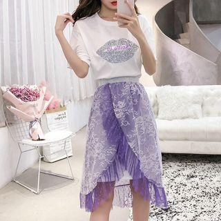 Set: Short-sleeve Lettering T-shirt Dress + Lace Skirt