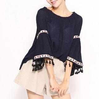 Tasseled Patterned Applique Off Shoulder 3/4 Sleeve Top