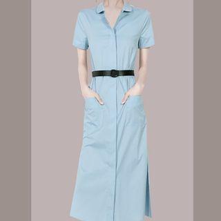 Set: Short-sleeve Plain Midi Shirt Dress + Belt