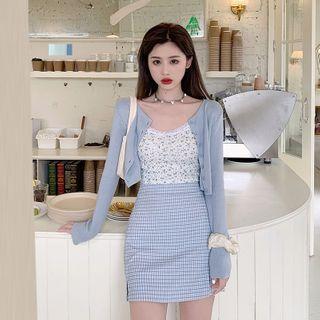 Cropped Cardigan / Floral Print Camisole Top / Plaid Mini Skirt