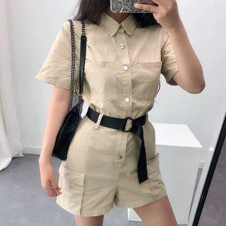 Plain Short-sleeve Playsuit With Belt