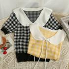Peter Pan-collar Tie-neckline Checker T-shirt