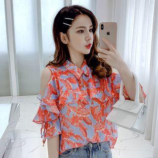 Elbow-sleeve Cold Shoulder Leaf Print Top