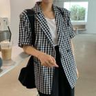 Elbow-sleeve Check Double-breasted Blazer Check - Black & White - One Size