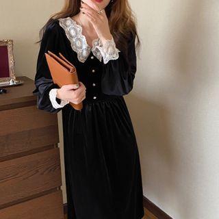 Long-sleeve Lace Trim Velvet Dress Black - One Size
