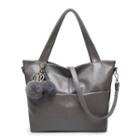 Faux-leather Pompom-accent Tote