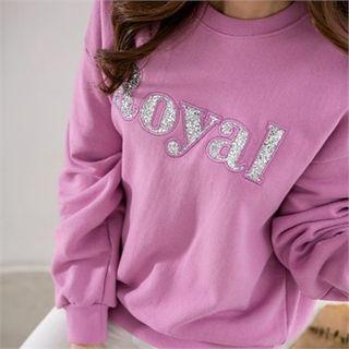 Drop-shoulder Glitter Lettering Sweatshirt