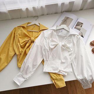 Bow Accent Long-sleeve Crop Blouse