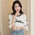 Letter Embroidered Cut Out Elbow Sleeve T-shirt