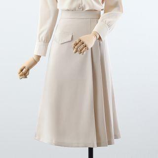 Puff-sleeve Bow Blouses / Midi A-line Skirt