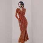 Long-sleeve Print Midi Mermaid Dress