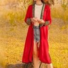 Embroidered Trim Long Light Jacket Red - One Size