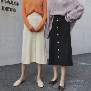 Buttoned Midi A-line Knit Skirt