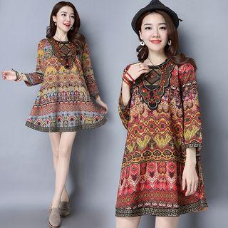 Faux Suede Patterned Long-sleeve Dress