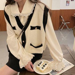 Lace Trim Blouse / Contrast Trim Button-up Sweater Vest