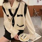 Lace Trim Blouse / Contrast Trim Button-up Sweater Vest