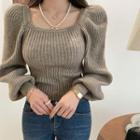 Balloon-sleeve Square-neck Knit Top