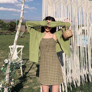 Set: Spaghetti Strap Plaid Mini Dress + Cardigan