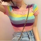 Short-sleeve Striped Shirred Knit Top As Shown In Figure - One Size