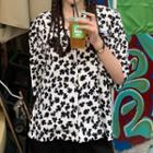 Cutout-back Floral Blouse / Plain Straight Leg Pants
