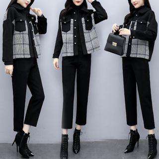 Set: Plaid Panel Buttoned Jacket + Straight-cut Cropped Pants
