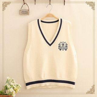 V-neck School Badge Knit Vest
