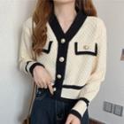 Long-sleeve Contrast Trim Faux Pearl Button-up Cardigan