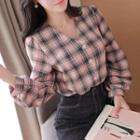 V-neck Balloon-sleeve Plaid Blouse