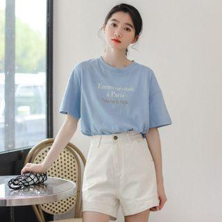 Short-sleeve Lettering T-shirt Sky Blue - One Size