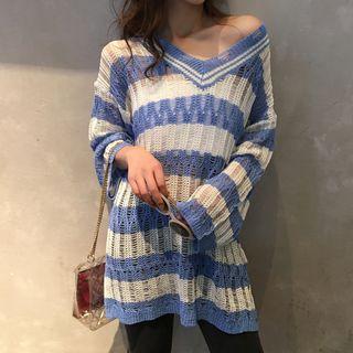Striped V-neck Ripped Knit Sweater