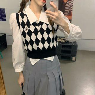 Puff-sleeve Shirt / Argyle Sweater Vest / Cardigan