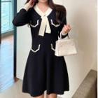 Long-sleeve Two-tone Knit Mini A-line Dress