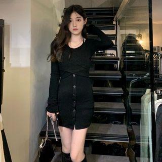 Mock Two-piece Long-sleeve Knit Dress White - One Size