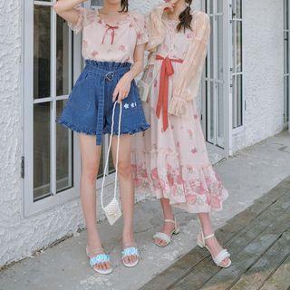 Spaghetti Strap Printed Midi A-line Dress / Short-sleeve Blouse