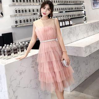 Sleeveless Mesh Tiered Dress